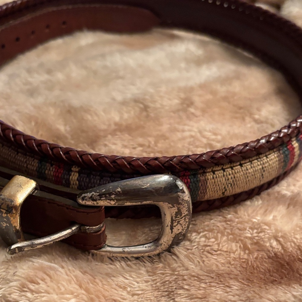 Vintage Men's Brown Woven Leather Belt with Multi-Color Fabric Inlay Size 36